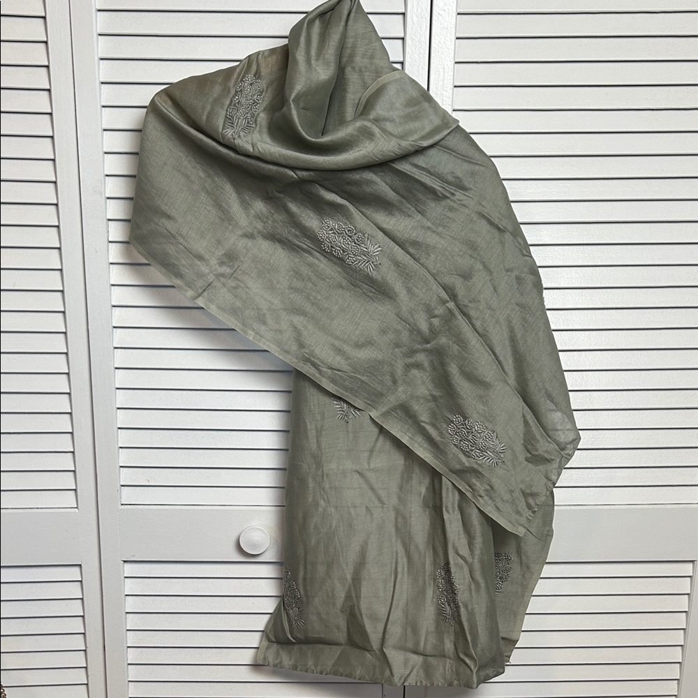 Fabindia Olive Green Floral Embroidered Silk Cotton Blend scarf stole